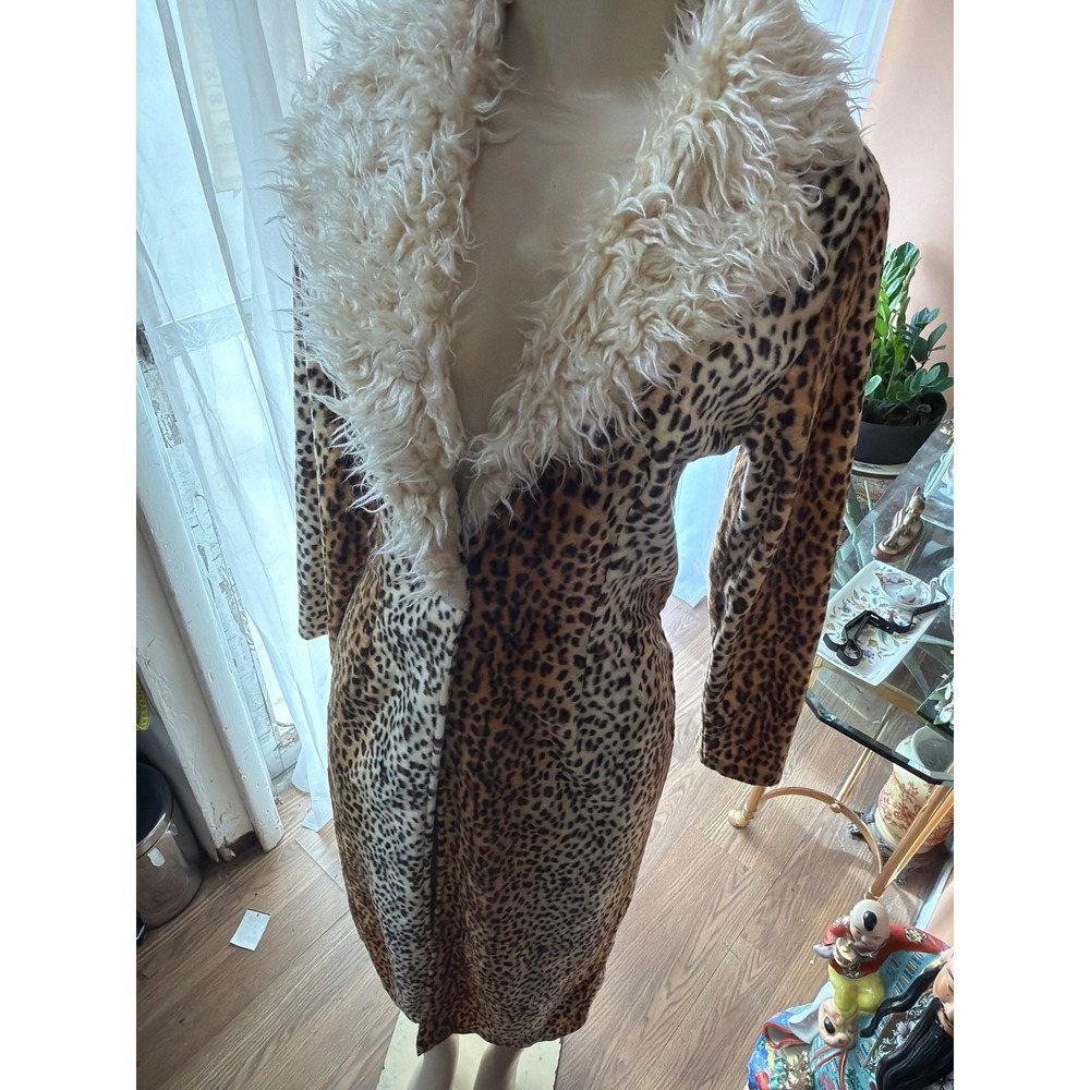 Faux Fur Collar Leopard Print Long Coat - Cream & Brown - Picture 3 of 6